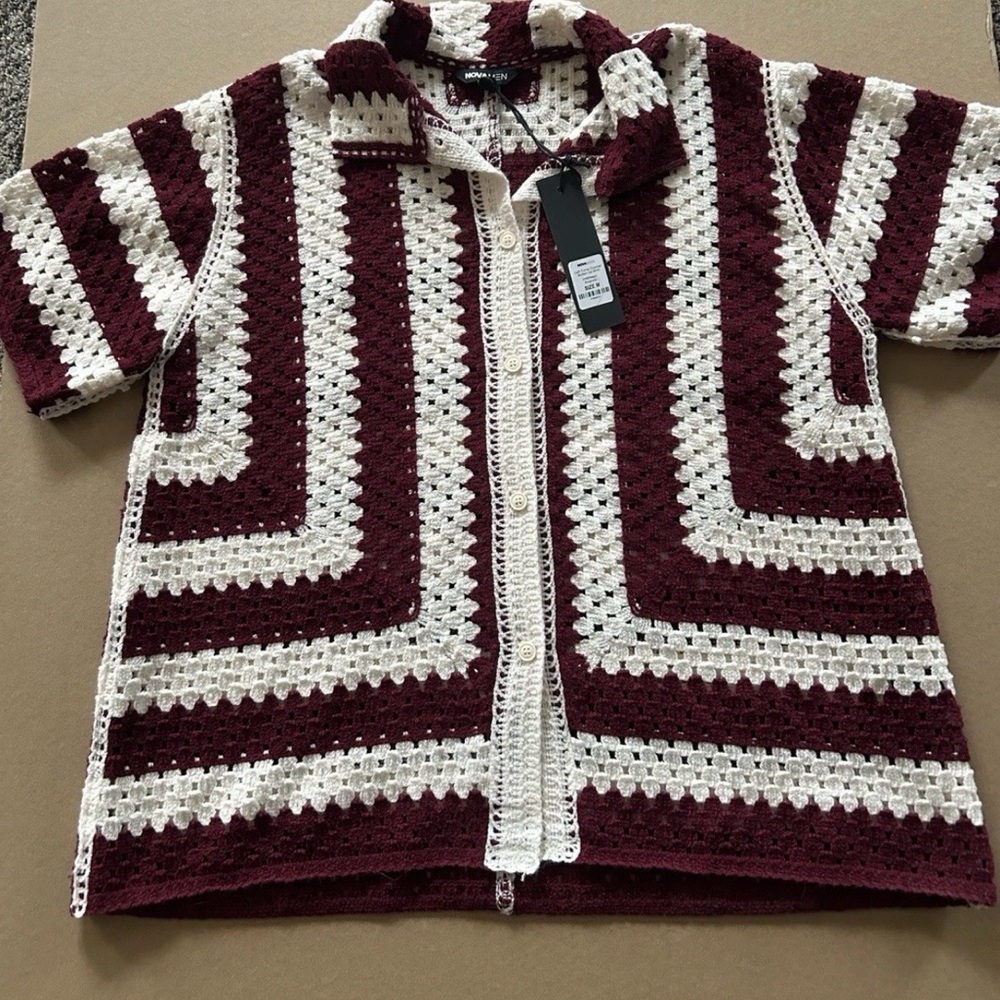 NOVA MEN Crochet Button Up Striped Burgundy White Sweater Size M